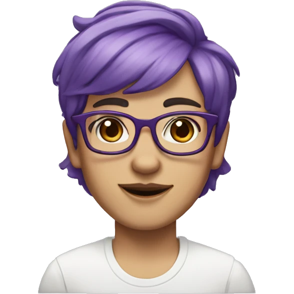 Non binary person with white skin, square glasses, purple hair in a short pixi mullet, brown eyes and a smile  emoji