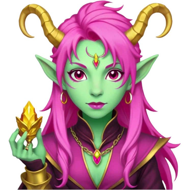 A D&D tiefling with pale green skin and long hot pink hair. She is a rouge and is obsessed with gold emoji
