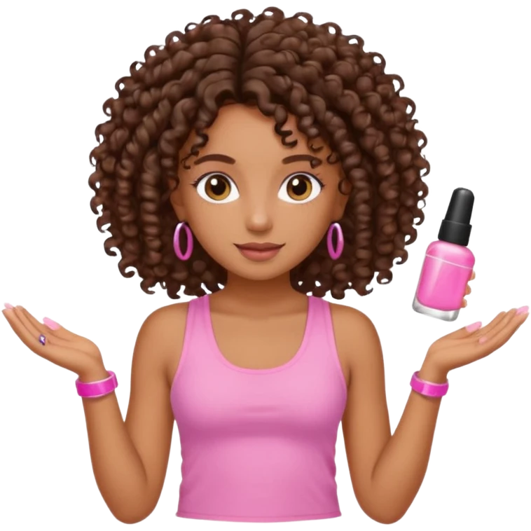 Uma menina com o cabelo cacheado é morena, e com uma regata rosa com unha em gel, é com Baby hair.  emoji
