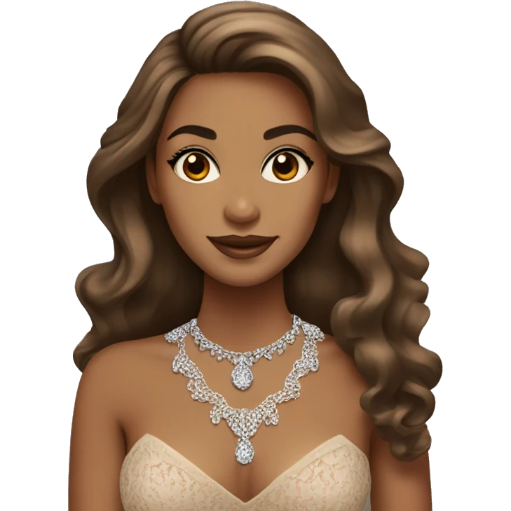 elegant brown skinned woman with long hair and diamond necklace and brown eyes with lashes and lace dress emoji