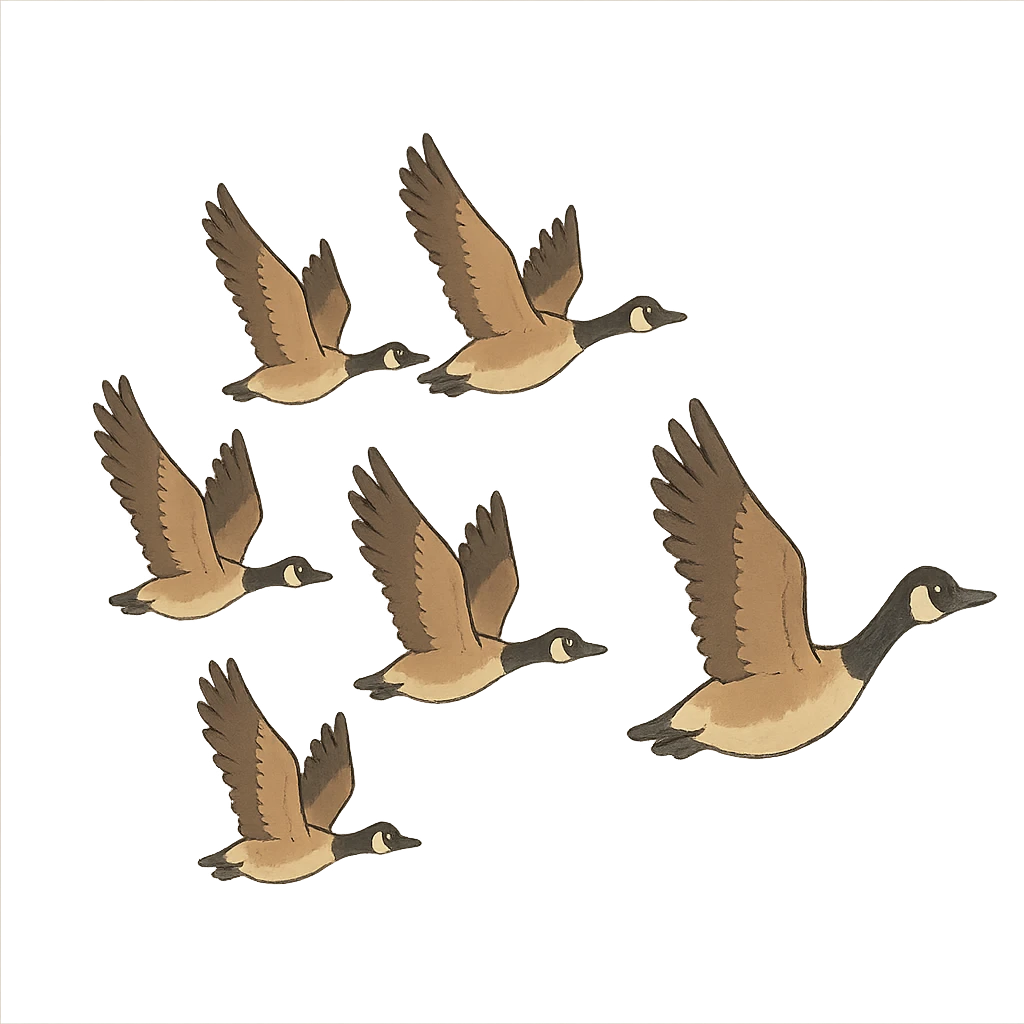ghibli style small Canadian geese flying in a classic V formation, lead goose at the right, easily identifiable as Canadian geese, for encouragement emoji