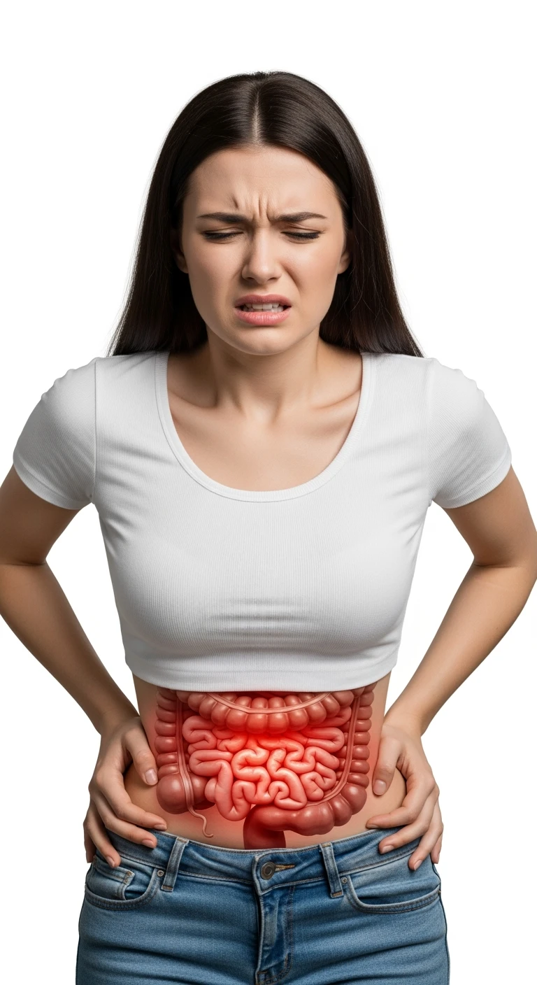 UNA DONNA REALISTICA con mal di pancia, INTESTINO ANATOMICO INFIAMMATO VISIBILE, MAL DI PANCIA, posa frontale, ISOLATA SU SFONDO BIANCO, IPERREALISTICA 4K emoji