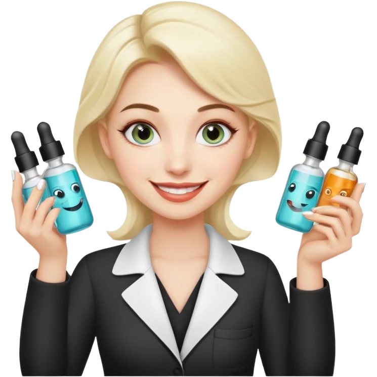 A smiling beautician with cold fake smile, calculating eyes, pointing at your cheek while holding 5 expensive serum bottle. predatory vibe.A face with a fake sweet smile, but the face is slowly consumed by shadows creeping from below. Only the cold, calculating eyes are visible in the dark emoji