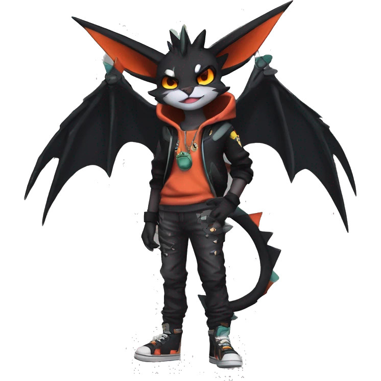 Cool Anthro Black Noivern-Quiana-Litten-Pokémon with edgy stripes hoodie spiked collar punk Full Body emoji