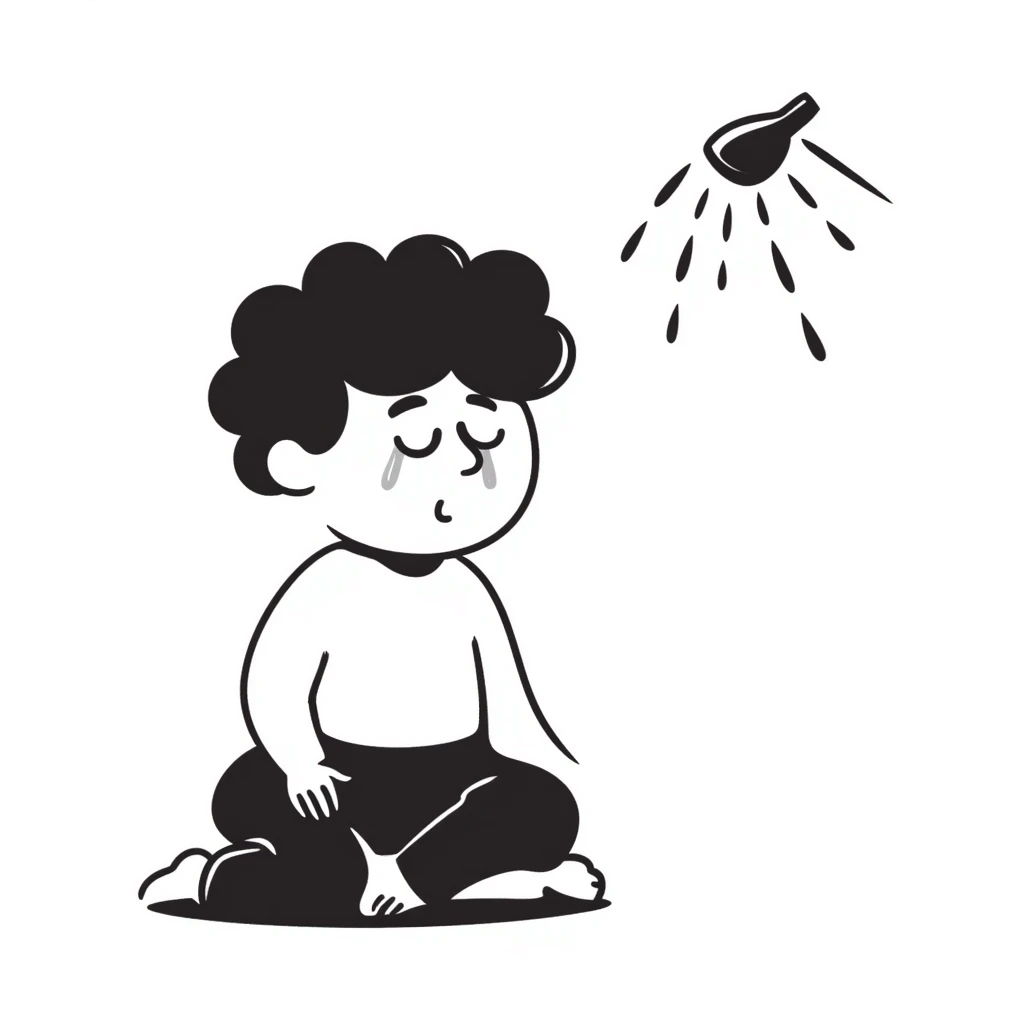 baby crying, sitting on the floor, shower in background emoji
