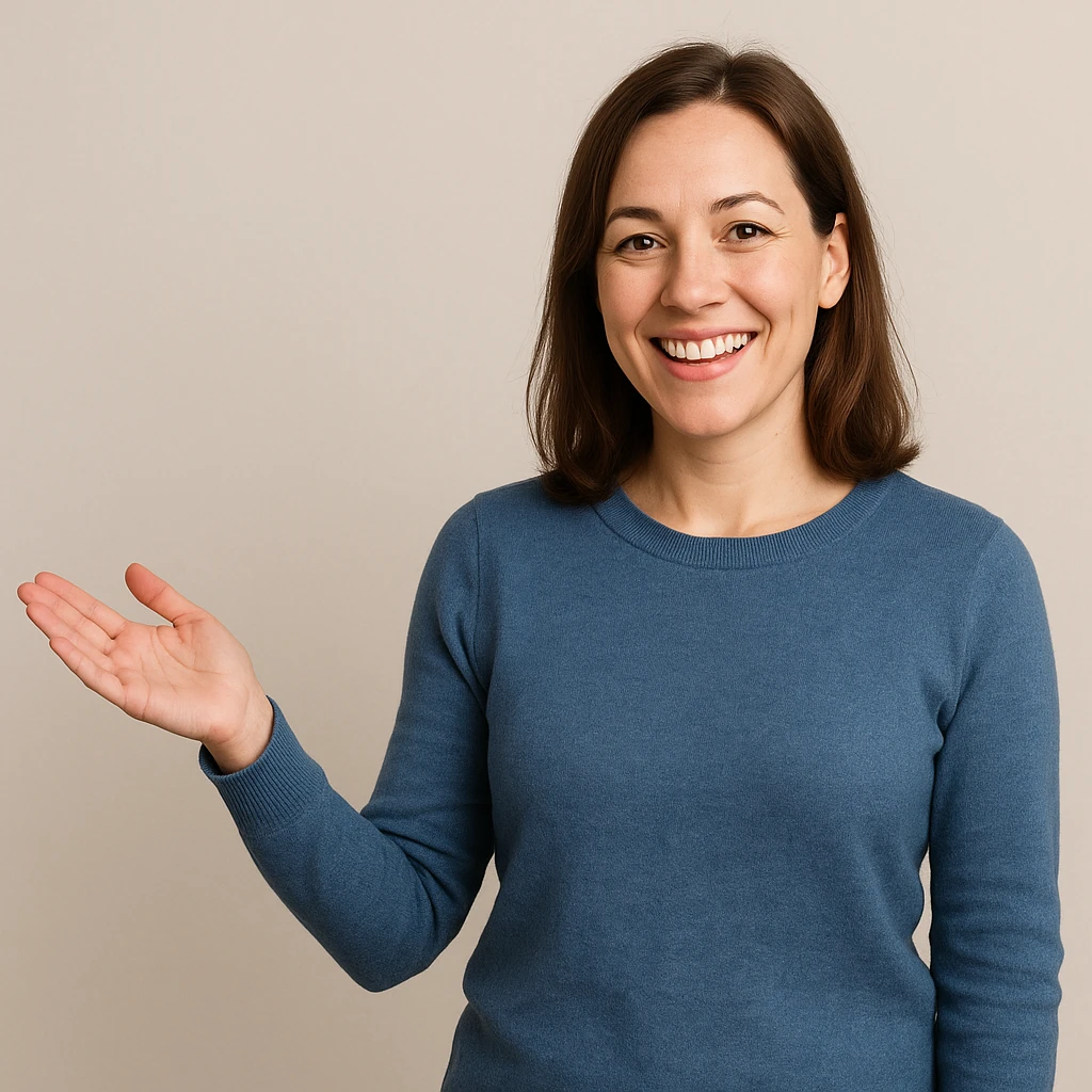 woman gesturing 'welcome' with one hand extended, inviting smile, simple background emoji