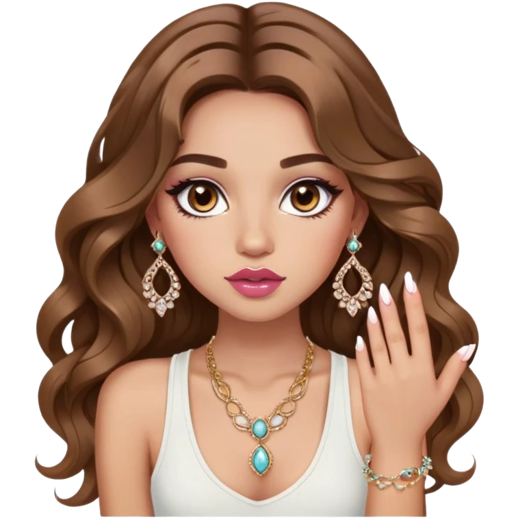 Light skinned girl, long wavy brown hair center-part with face framing pieces, big hazel eyes, lots of jewelry, white tank, prominent blush, sassy, big lips, makeup, fancy long acrylic nails done emoji
