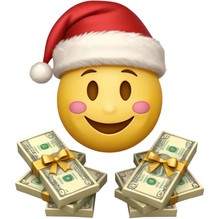 A festive 3D emoji style yellow smiley face wearing a Santa hat, surrounded by stacks of cash and dollar bills, joyful expression, Christmas and New Year theme, high quality, clean design, studio lighting, no text, no background, isolated object, transparent background, emojis.com style emoji