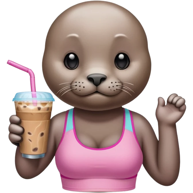 Seal wearing pink sports bra drinking an iced coffee emoji