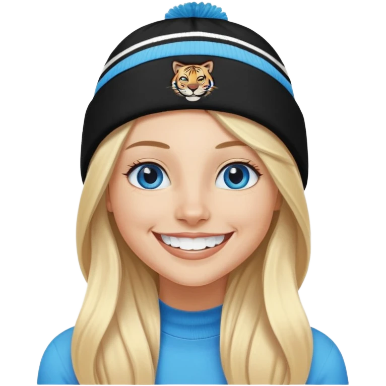 long haired blonde woman with a black bengals beanie on. she is smiling with white teeth and blue eyes. emoji