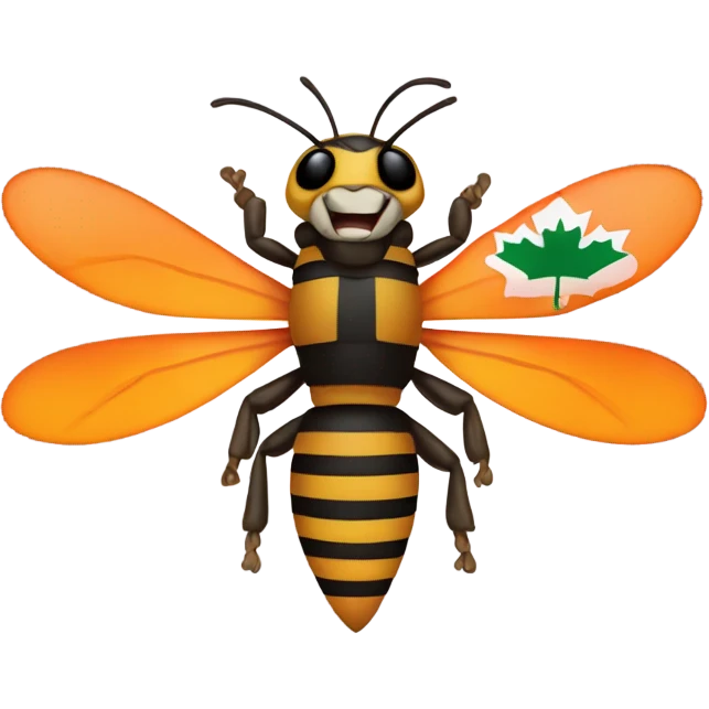 A hornet emoji except he has bright highlighter orange stripes instead of yellow and is holding a Canadian flag emoji