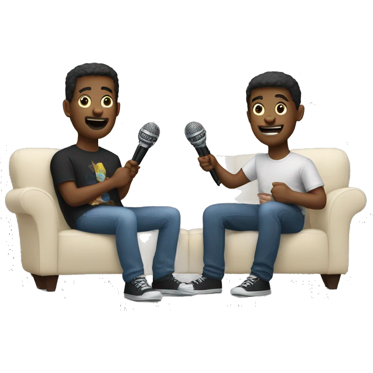 Two friends sitting on couch holding microphones emoji