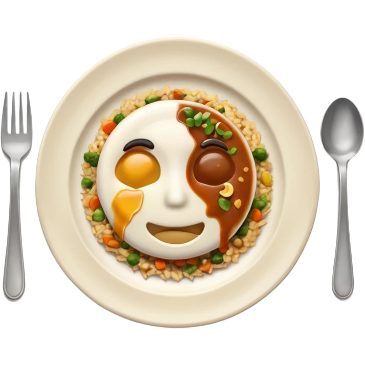3D emoji of a dirty plate after eating, leftover food scraps, vegetable pieces, rice grains, sauce stains on the plate, fork and spoon placed beside the plate, no face, no character, no human features, realistic food leftovers, clean and simple background, soft lighting, high quality, emoji style emoji
