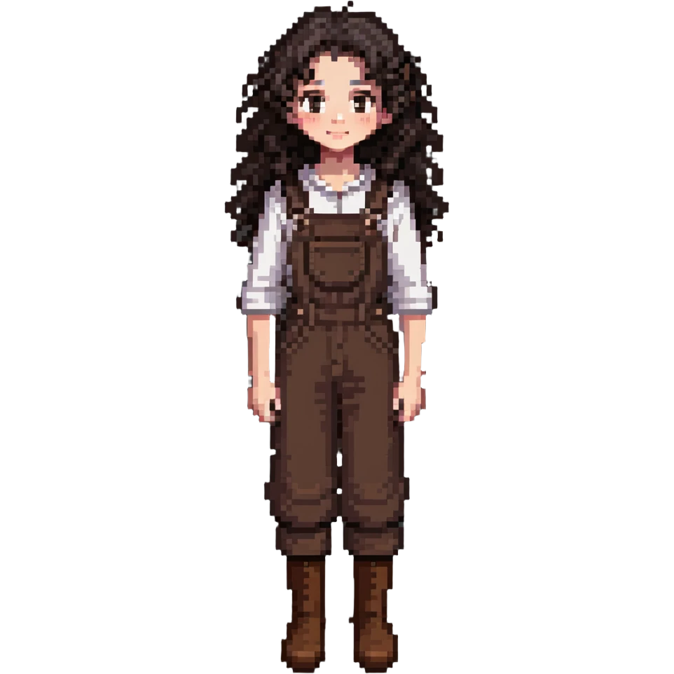 white girl with very curly dark brown hair, brown eyes, wearing farm clothes emoji