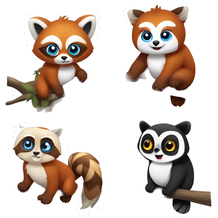 Red panda with brown eyes and an owl with blue eyes and tan golden feathers the owl is standing on a branch and the panda is hanging from it emoji