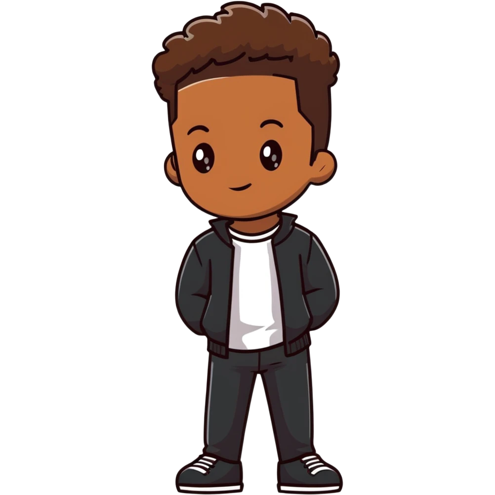personaje con piel marrón, pelo peinado para el lado, ropa negra, pantalones un poco bajados emoji