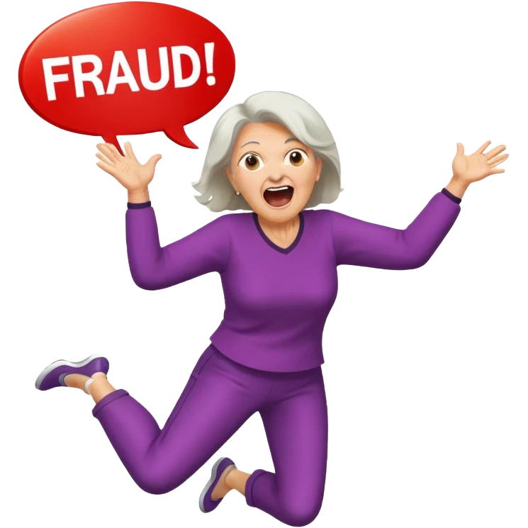 Older Woman jumping screaming and word “fraud” in a bubble emoji