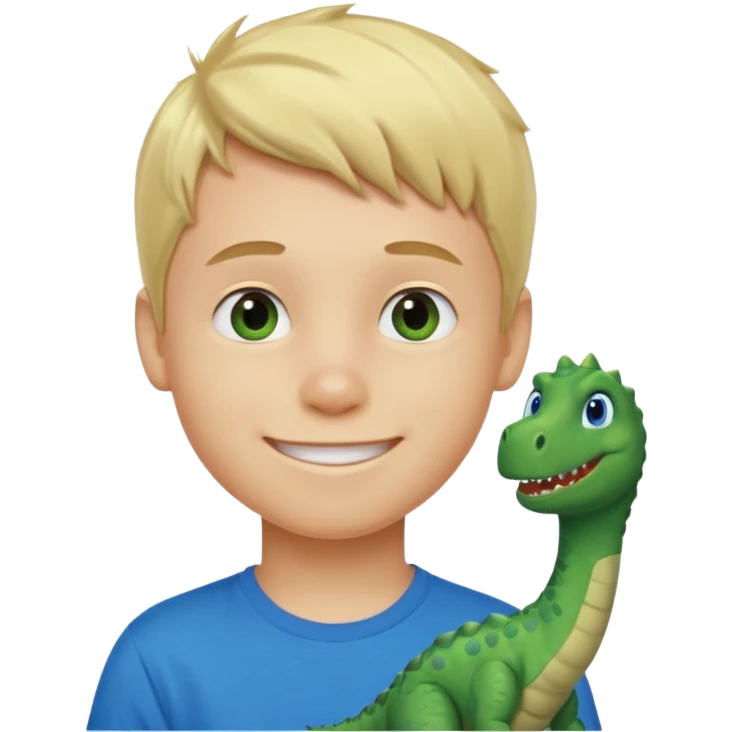 A smiling blond boy with blue eyes wearing a green dinosaur T-shirt emoji