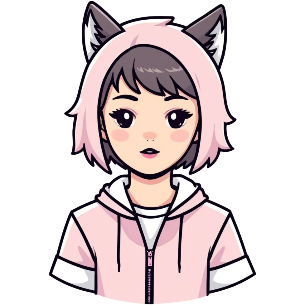 An Asian teenager with makeup and long hair, wolf haircut and wearing cute light pink and white clothes  emoji