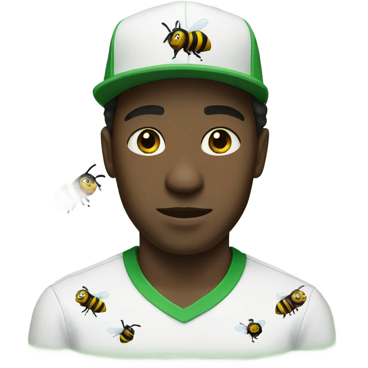 Black man with a white shirt and green cap with his face covered by a bee flying through emoji