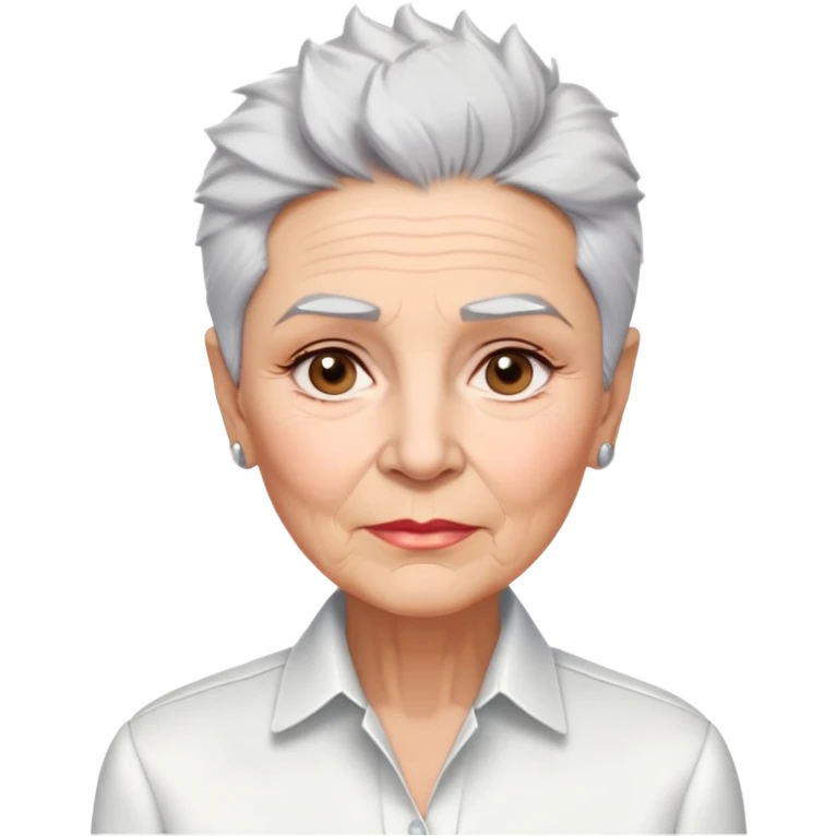 Elderly Marian Pabón with elegant facial features, light rosy complexion, expressive eyes with age lines, medium well-defined lips, sophisticated pronounced cheekbones, short spiky silver hair styled like a men's cut, dressed in a crisp white button-up shirt emoji