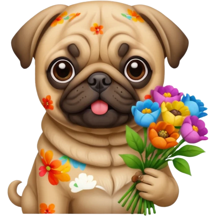 pug dog holding flowers emoji