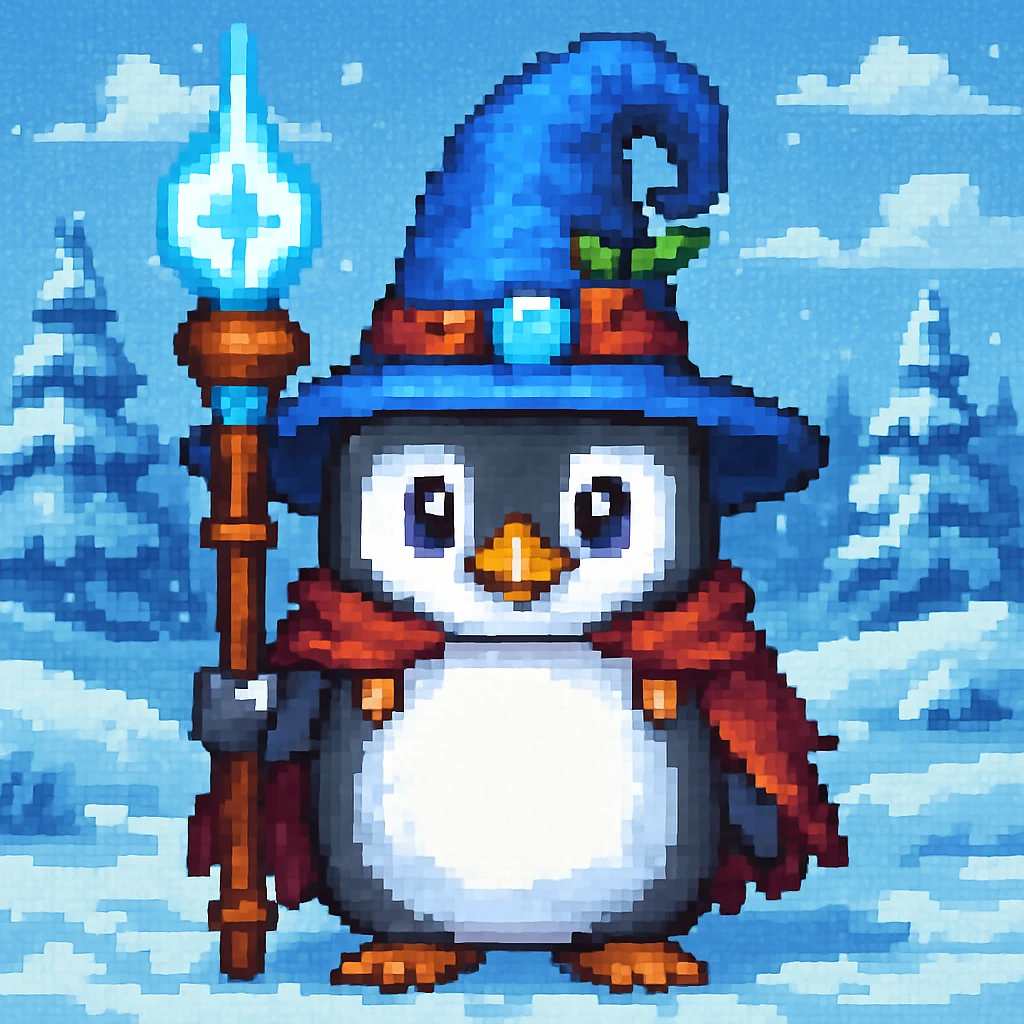 Add a snowy landscape background behind the pixel art penguin wizard, keep all original colors and style. Make it pixel art style. emoji