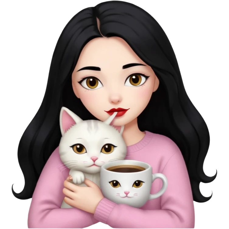 Beautiful Girl Long Hair black, Brows Big , Skin White, Sweater Pale Pink , Big Red Lips, Eyes coffe, Hug Little baby Persa Cream Cat With Cute Eyes emoji