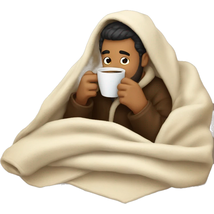 man drinking coffee under cozy blanket emoji