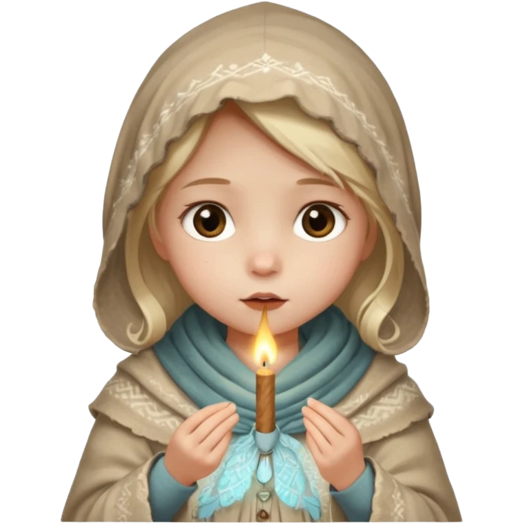 A small girl in a worn winter dress and shawl, holding a glowing matchstick close to her face, eyes wide with soft hope.
 emoji