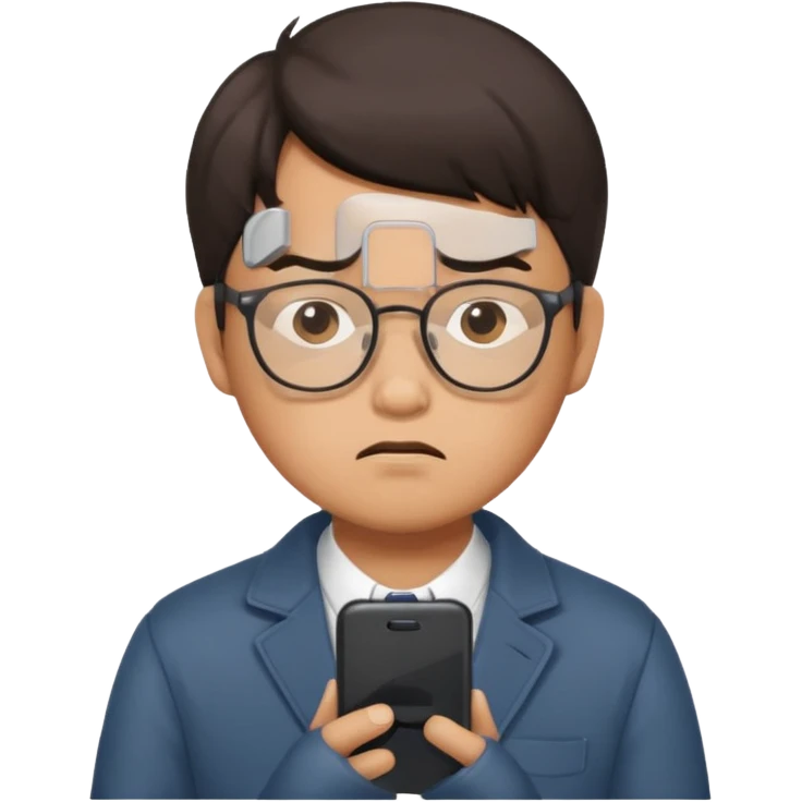 핸드폰을 보는 실망한 안경낀 동양인남자 emoji