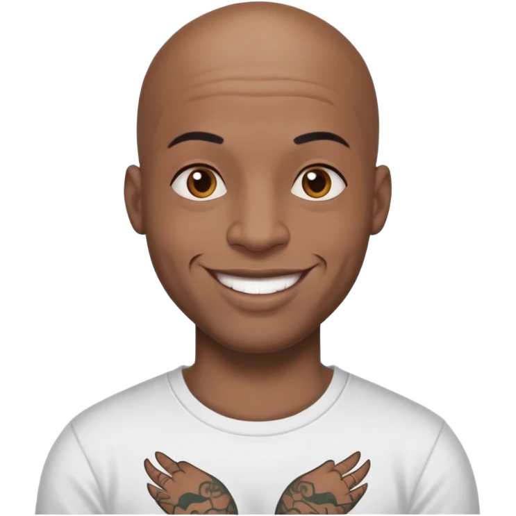 bald black man with bold full face tattoos, happy face, wearing a t-shirt emoji