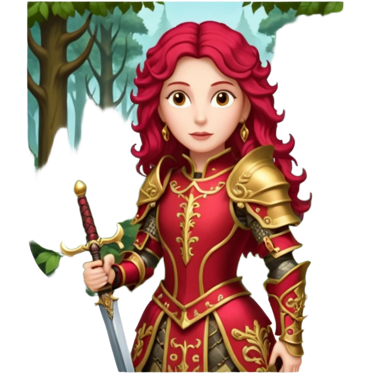 realistic cinematic actress Cher in baroque styling with crimson armor in a forest emoji