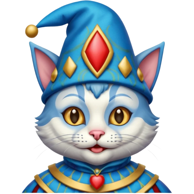 crazy colorful cute little cat jolly joker from poker, medieval, vintage, court jester, mac os icon, blue color emoji