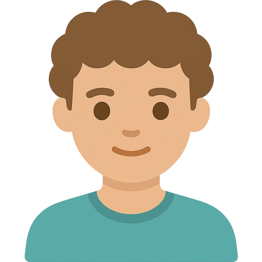 good looking young adult boy with brown curly hair and brown eyes, color icon emoji