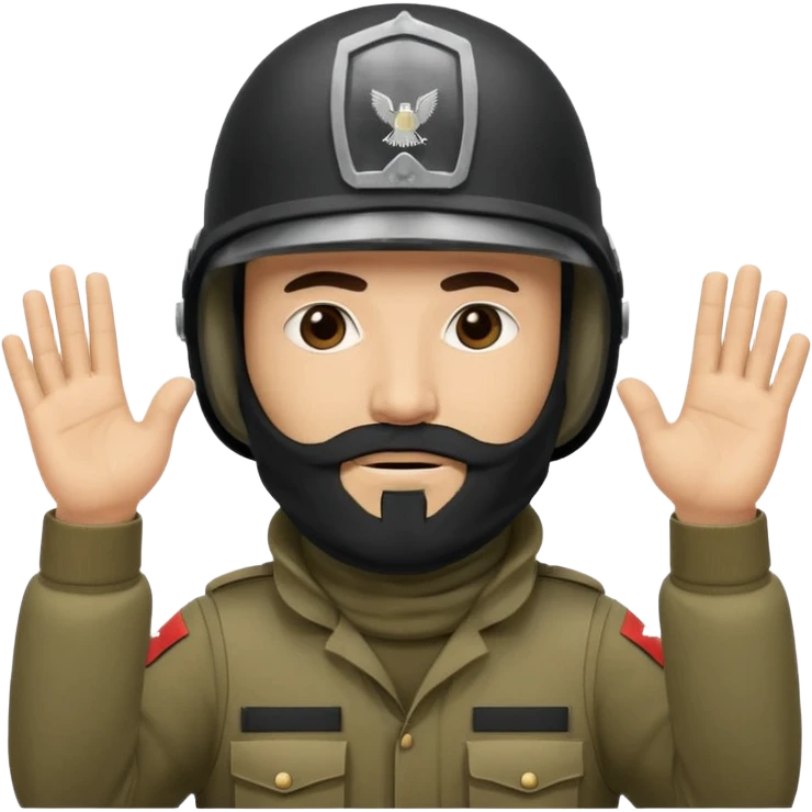 surrenders, depicts an Iraqi soldier from 1980, with a beard, in a helmet, with a balaclava, with a sad face and raised hands emoji