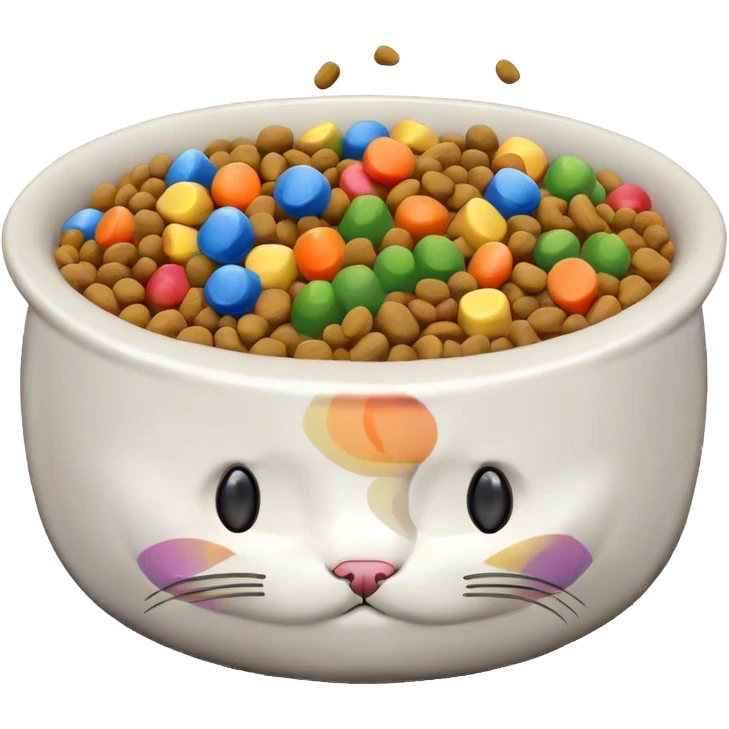 cat food bowl with, the food is piled on top of the bowl where it is so full. Make the kibble in the food bowl white with rainbow pieces emoji