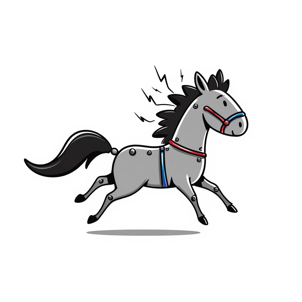 Fast running electric horse constructed from metal plates, bolts, blue and red wires, with electricity and lightning coursing through its body emoji