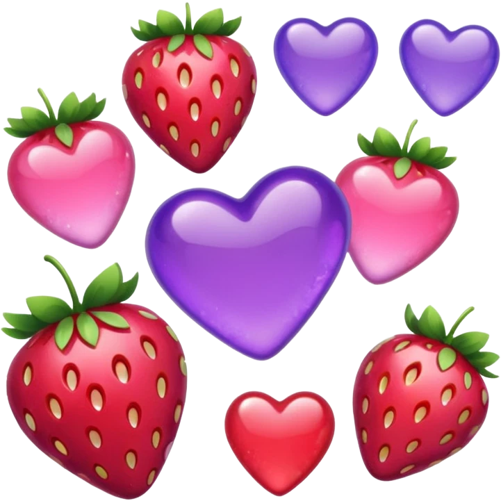 strawberries, pink and purple hearts, candy emoji