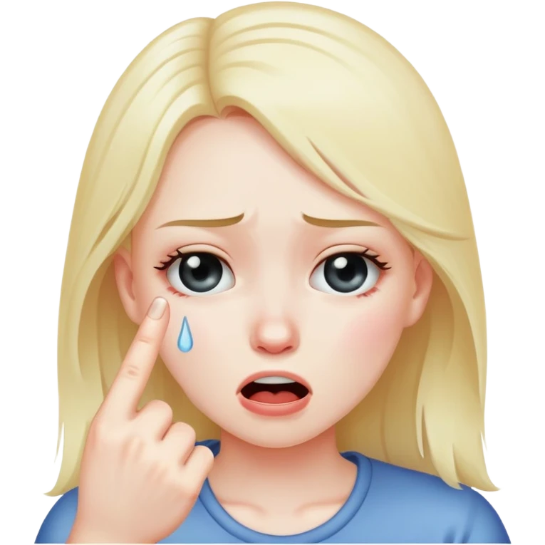 A girl crying while holding up the middle finger emoji