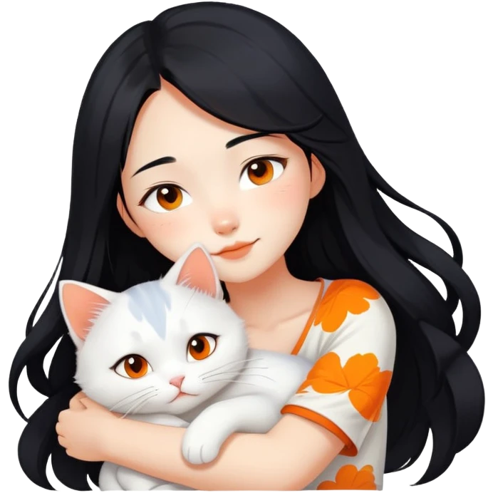 East Asian girl with long flowing black hair hugging a predominantly white cat with orange patches, sweet and gentle, cute facial expressions emoji