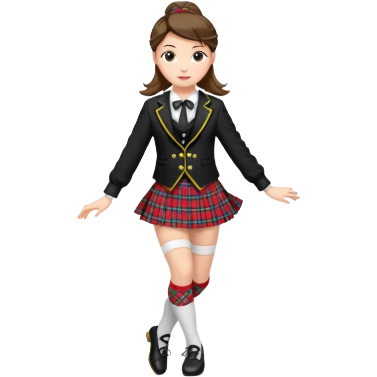 Highland dancing argyle just over the knee socks, blouse, highland dancing jacket, tartan miniskirt and highland dancing shoes emoji