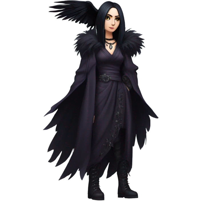 the morrigan goth woman version vines style furr robe stylish boots, perfect eyes, raven on hand emoji