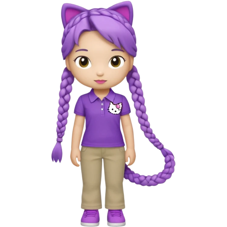 hello kitty wearing purple polo shirt and kyaki pants with long fishtail braids baddie with 2025 efect emoji