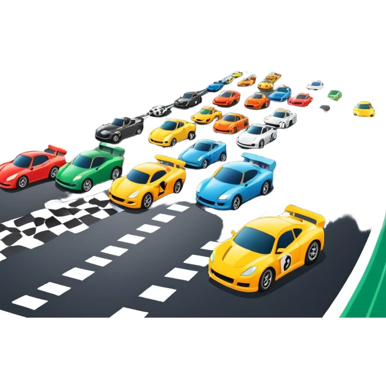 grandstands filled with cheering crowds, checkered flags waving, and traffic lights signaling the start, with a thrilling atmosphere of anticipation and speed. Sporty cars and motorcycles lined up at the starting line, ready to race, with a vibrant racetrack in the background. emoji