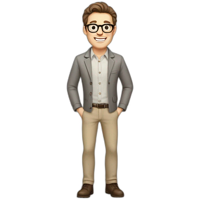 Joyful Pale skinned Fit Man With dark brown hair in gray jacket, beige office shirt, Brown pants and vintage glasses. His thrumbs up emoji