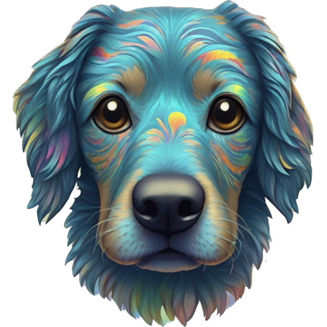 Multicolored rainbow retro groovy hippie trippy floral patterns on a metallic holographic iridescent blue dog face head emoji