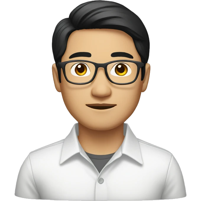 a shoulder length black-haired handsome asian man, using glasses, with mustache, wearing white shirt emoji