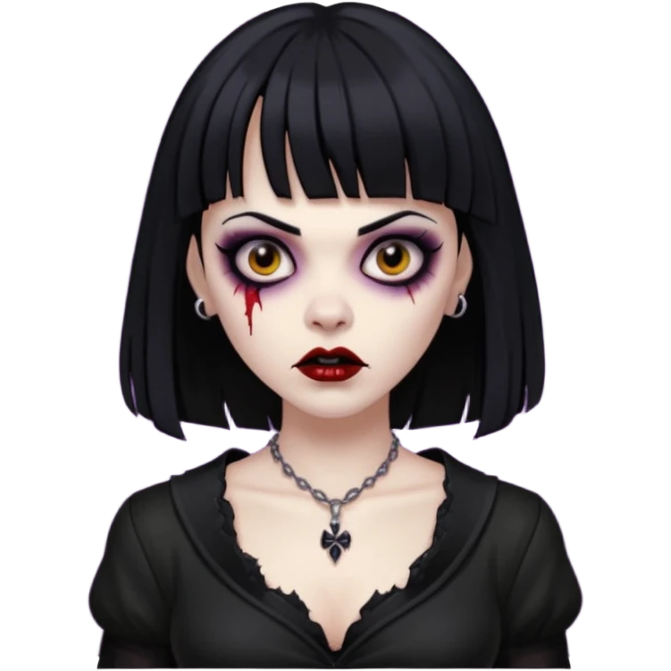 vampira gótica zumbi de cabelo preto e franja e roupa com decote emoji