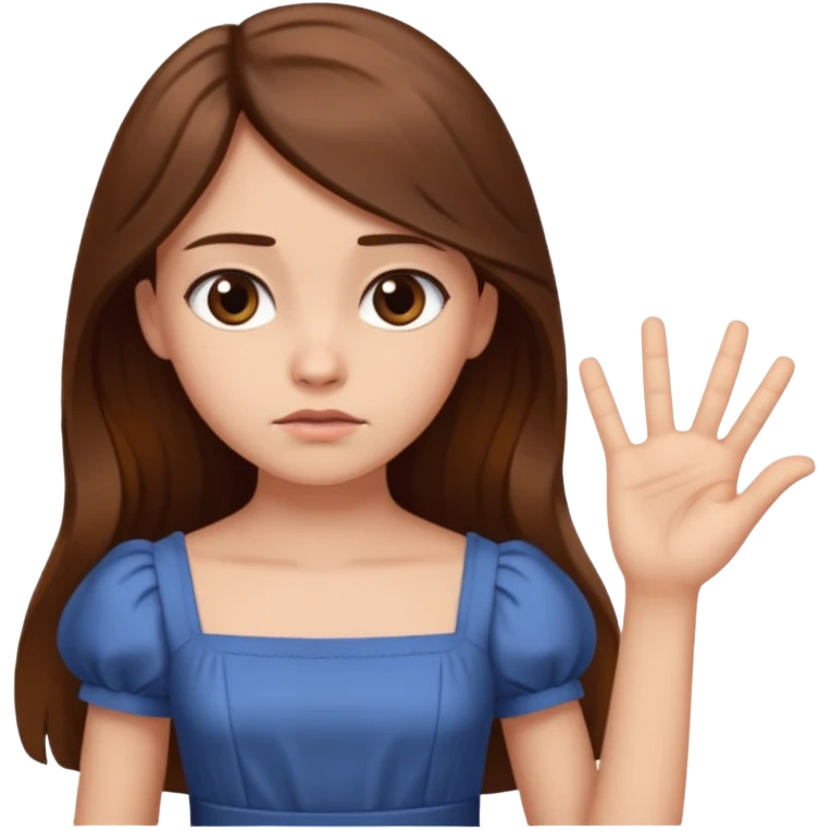 fake costumer loyalty, girl that doesn't care, she is like whatever, brown long hair, cute dress and her hand showing like i dont care whatever, make her look little bit bored emoji